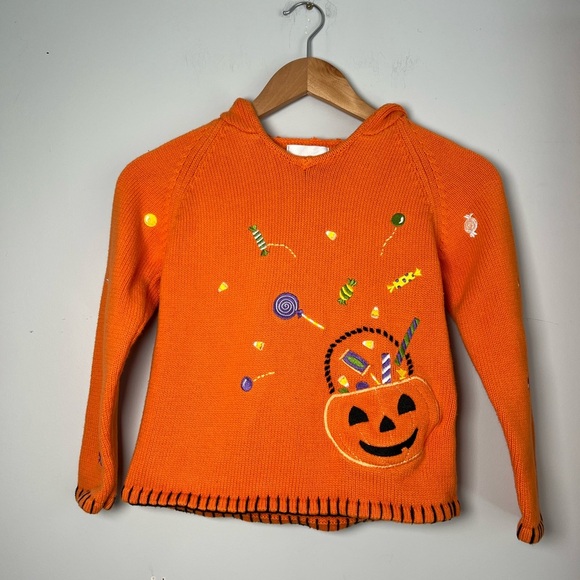 Maggie & Zoe Sweater w Hood Halloween Trick-Or-Treat Knit Orange Fall XL 7-8 - Picture 1 of 6